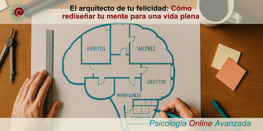 Manos dibujan un plano con forma de cerebro sobre mesa de arquitecto; metáfora visual de rediseñar tu mente con hábitos y plasticidad. El arquitecto de tu felicidad: Cómo rediseñar tu mente para una vida plena